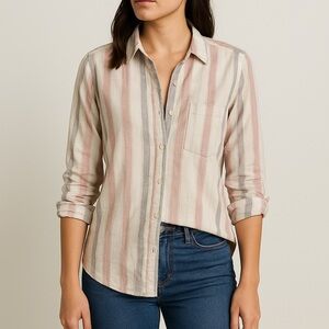 Tahari Women Small Striped Button Down Shirt Pink Gray Collared Long Sleeve Top